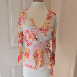 EUC Cache Romantic Semi-Sheer Floral Wrap Top with Lace Detail- Vintage/Y2K